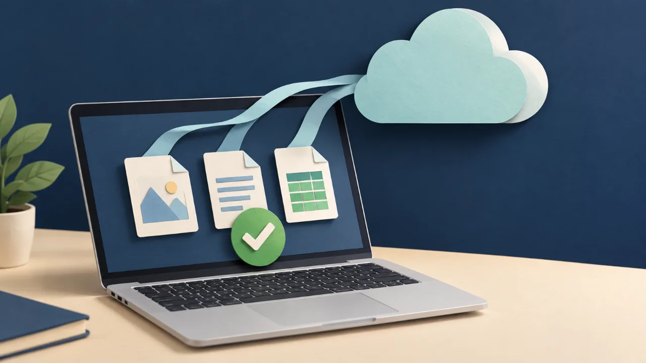 짙은 남색 배경의 노트북 화면에 그림·문서·표 아이콘과 녹색 체크 표시가 있고, 오른쪽 위 구름에서 종이 띠가 이어진 모습